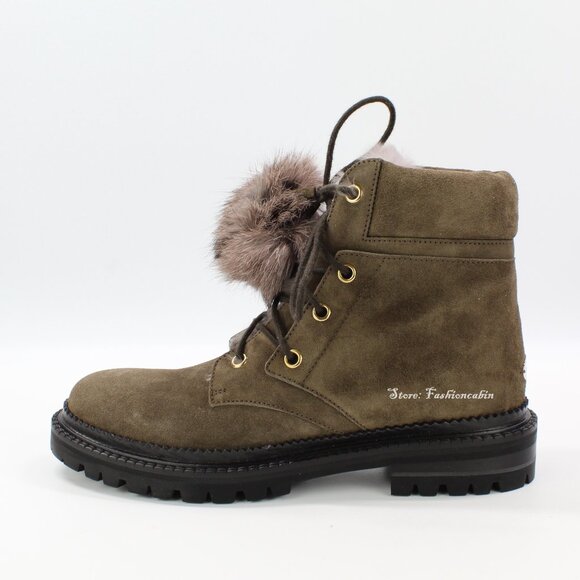 NEW JIMMY CHOO Pom-Pom Suede Fur | Cozy Cold Weather Suede Lace-Up Boots/Booties - Picture 5 of 15